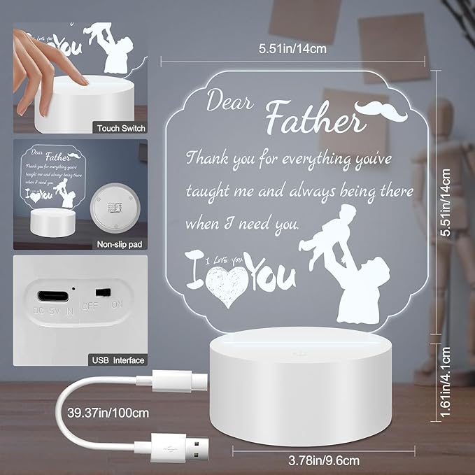 Gift for Dad from Daughter Son, Unique Dad Gifts for Birthday Thanksgiving Christmas, Personalized Acrylic Engraved Night Light Gift Ideas for Dad Fathers Day - LeafyLoom