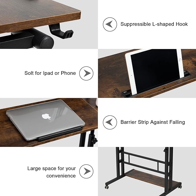 Hadulcet Mobile Standing Desk with Charging Station, Stand Up Laptop Desk Mobile Workstation for Home Office Classroom with Wheels, 31.49 x 23.6 in Rustic Brown - LeafyLoom