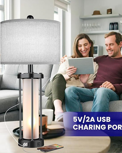 Table Lamps for Living Room Set of 2,26" Tall Bedside Farmhouse Table Lamps with LED Lantern Nightlight,Bedroom Nightstand Lamps with Dual USB Port Grey Fabric Shade (Bulbs Included) - LeafyLoom