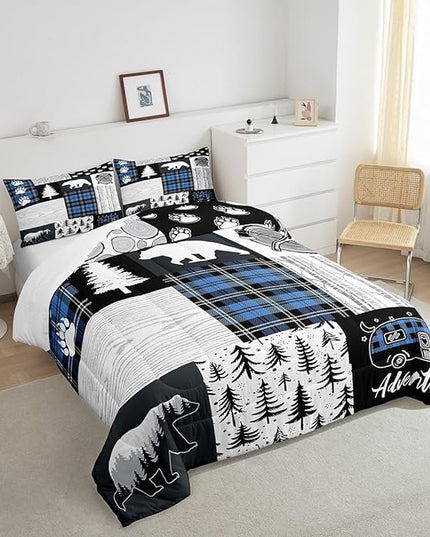 Manfei Bear Paws Comforter Set Twin Size,Pine Trees Geometric Plaids Patchwork Bedding Set for Kids Boys Girls Adults Room Decor,Hunting Adventure Down Comforter,Blue Rustic Duvet Insert,1 Pillowcase - LeafyLoom