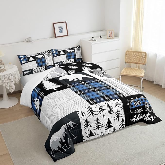 Manfei Bear Paws Comforter Set Twin Size,Pine Trees Geometric Plaids Patchwork Bedding Set for Kids Boys Girls Adults Room Decor,Hunting Adventure Down Comforter,Blue Rustic Duvet Insert,1 Pillowcase - LeafyLoom