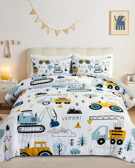 NTBED Construction Truck Twin Comforter Set for Boys Kids Forest Vehicles Excavator Tractor Lightweight Microfiber Cars Bedding Sets - LeafyLoom