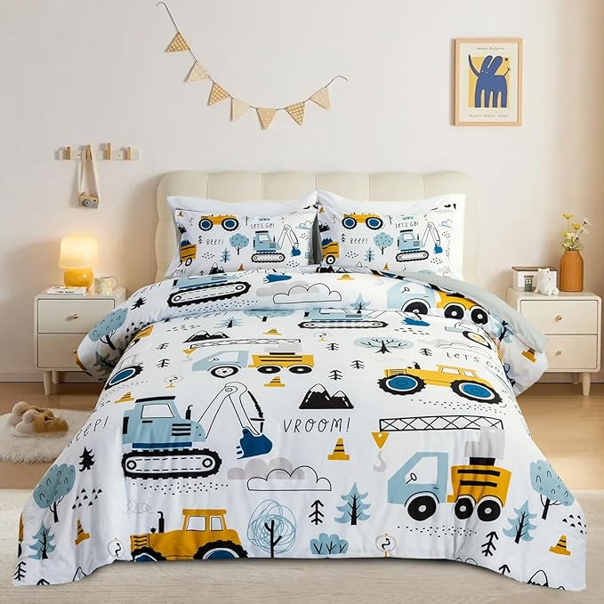 NTBED Construction Truck Twin Comforter Set for Boys Kids Forest Vehicles Excavator Tractor Lightweight Microfiber Cars Bedding Sets - LeafyLoom