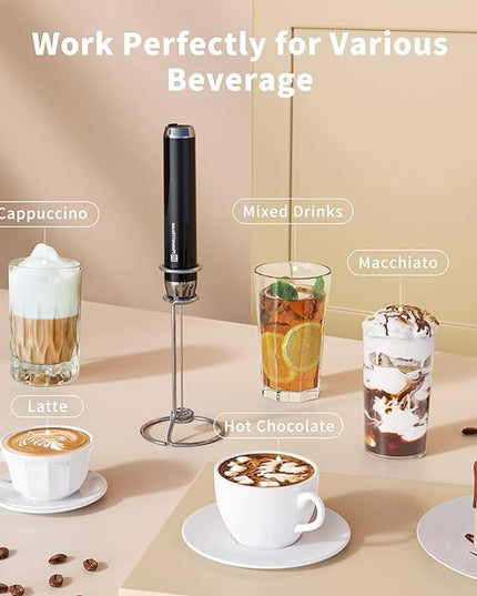Maestri House Rechargeable Milk Frother with Stand, Handheld Electric Foam Maker Waterproof Detachable Stainless Steel Whisk Drink Mixer Foamer for Lattes, Cappuccino - LeafyLoom