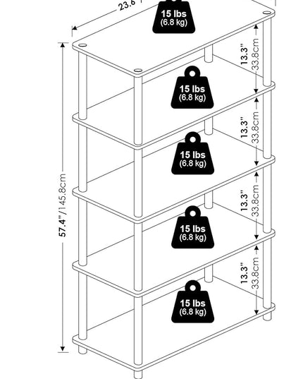 Furinno Turn-N-Tube 5-Tier Multipurpose Shelf / Display Rack / Storage Shelf / Bookshelf, Round Tubes, Black/Grey - LeafyLoom