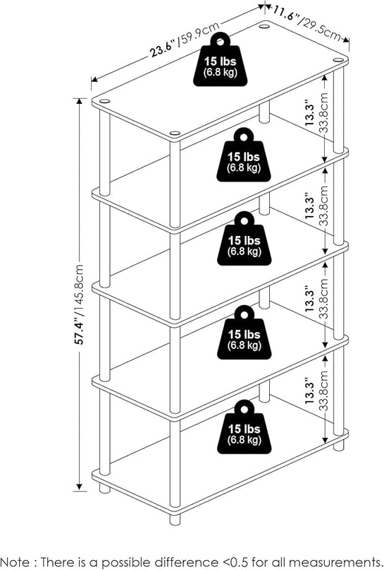 Furinno Turn-N-Tube 5-Tier Multipurpose Shelf / Display Rack / Storage Shelf / Bookshelf, Round Tubes, Black/Grey - LeafyLoom
