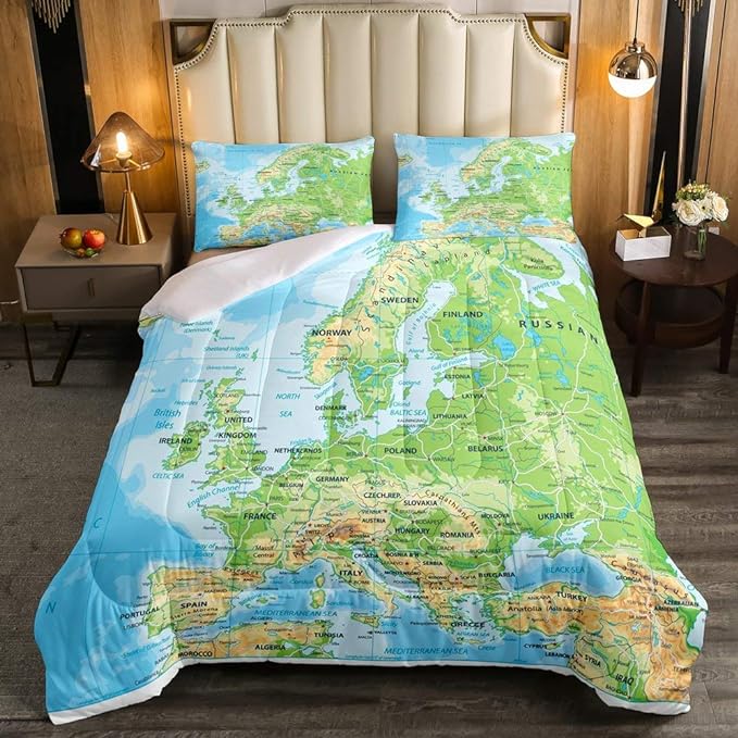 Erosebridal World Map Comforter Set Full Size, Blue Ocean Bedding Set for Kids Boys Girls, Map of Various Countries Quilted Duvet Abstract Art Bedding Comforters Breathable Bedroom Decor - LeafyLoom