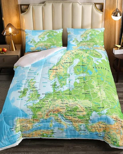 Erosebridal World Map Comforter Set King Size, Blue Ocean Bedding Set for Kids Boys Girls, Map of Various Countries Quilted Duvet Abstract Art Bedding Comforters Breathable Bedroom Decor - LeafyLoom
