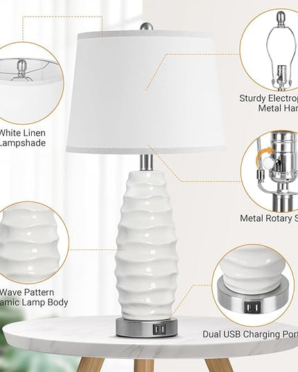 QiMH White Table Lamp Set of 2, 26" Farmhouse Bedside Lamps for Bedroom with USB Port, Modern Ceramic Lamp with White Shade Nightstand Living Room Decor, LED Bulb Included - LeafyLoom