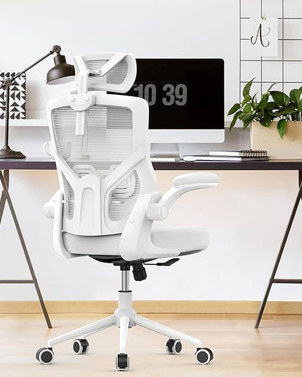 𝑯𝑶𝑴𝑬 𝑶𝑭𝑭𝑰𝑪𝑬 𝑪𝑯𝑨𝑰𝑹, Ergonomic Mesh Desk Chair, High Back Computer Chair- Adjustable Headrest with Flip-Up Arms, Lumbar Support, Swivel Executive Task Chair (Modern, White) - LeafyLoom