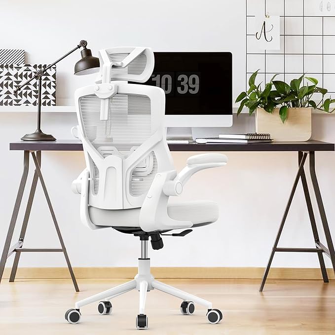 𝑯𝑶𝑴𝑬 𝑶𝑭𝑭𝑰𝑪𝑬 𝑪𝑯𝑨𝑰𝑹, Ergonomic Mesh Desk Chair, High Back Computer Chair- Adjustable Headrest with Flip-Up Arms, Lumbar Support, Swivel Executive Task Chair (Modern, White) - LeafyLoom