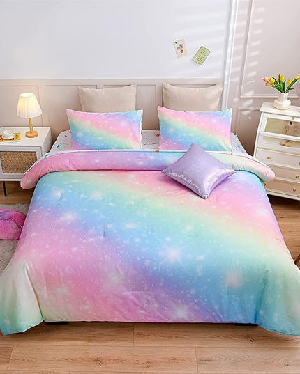A Nice Night 6Pcs Gradient Glitter Bedding Set for Girls, Colorful Rainbow Galaxy Comforter Set, Ultra Soft Bedding Sets (Pink,Queen 6Pcs) - LeafyLoom