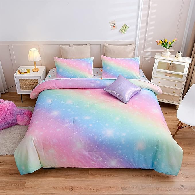 A Nice Night 6Pcs Gradient Glitter Bedding Set for Girls, Colorful Rainbow Galaxy Comforter Set, Ultra Soft Bedding Sets (Pink,Queen 6Pcs) - LeafyLoom