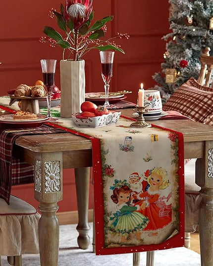 Vintage Christmas Table Runner Christmas Decorations - Red Vintage Style Santa Claus Girls Merry Christmas Winter Xmas Home Kitchen Dining Table Decor, Christmas Party Decorations 13 x 72 Inch Racenaf