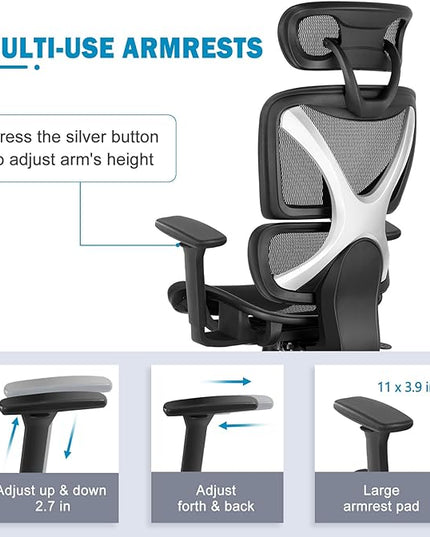 GABRYLLY Ergonomic Office chair with Lumbar Support, Big and Tall Mesh Chairs with Adjustable 3D Arms, Headrest & Soft Seat, Large Desk Chair for Home Gaming,Black - LeafyLoom