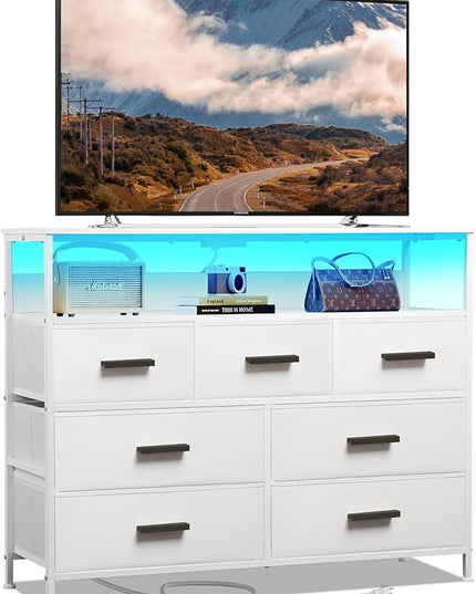 Dresser TV Stand with 7 Drawers, Dresser TV Stand with LED Lights & Power Outlets, Bedroom Dresser, Chest of Drawers up to 45'' Long TV, Wide Fabric Dresser with Open Shelf (White) - LeafyLoom