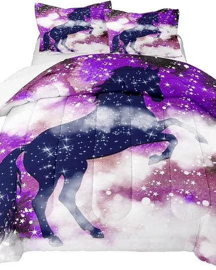 Galaxy Horse Comforter Set for Girls Purple Twin Bedding Set Magic Cloud Horse Bed Set Twin Size Bedroom Fashion 2 Piece Quilt Set, All Season 2 Piece 1 Twin Comforter + 1 Pillowcase - LeafyLoom