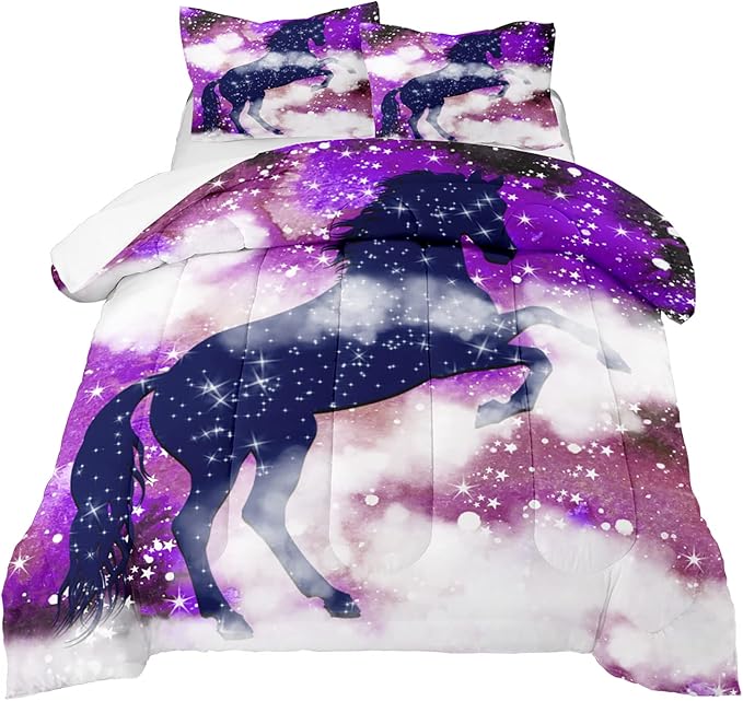 Horse Comforter Set for Girls, Queen Size Galaxy Horse Purple Bedding Set for Girl Modern Bed Set Sparkly Stars Quilt Bedroom Decor, 3 Piece Queen Comforter Set 1 Comforter + 2 Pillowcases - LeafyLoom