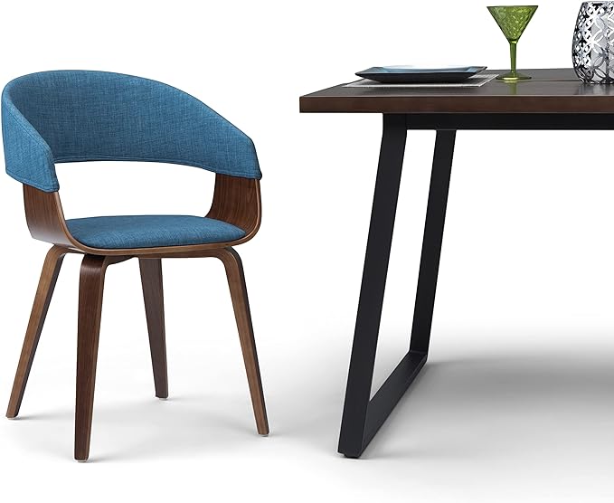 SIMPLIHOME Lowell 17 Inch Mid Century Modern Bentwood Dining Chair in Blue Linen Look Fabric, For the Dining Room - LeafyLoom