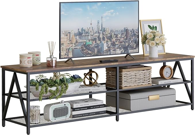 TV Stand for TV up to 75 Inch, Long 70" TV Cabinet with 3-Tier Storage Shelves,Entertainment Center TV Console Table for Living Room with Industrial TV Metal Frame, Rustic Brown - LeafyLoom