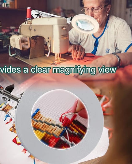 10X Magnifying Glass with Light, Krstlv Real Glass Lens Desk Lamp & Clamp, 3 Color Modes Stepless Dimmable, Hands Free LED Lighted Magnifier with Light and Stand for Reading Crafts Close Works - White - LeafyLoom
