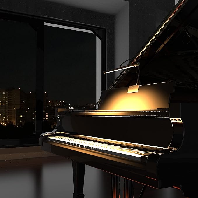 Cocoweb 19" Grand Piano Lamp - Adjustable, Black with Brass Accents, LED Clip-on with Dimmer - GPLED19D - LeafyLoom