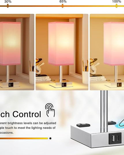 Touch Bedside Table Lamp For Nightstand - 3-Way Dimmable Night Lamp with USB A + Type C Charging Ports and two AC Outlets, Small Desk Light with E26 LED Bulb for Bedroom Living Room Dorm Office, PINK - LeafyLoom