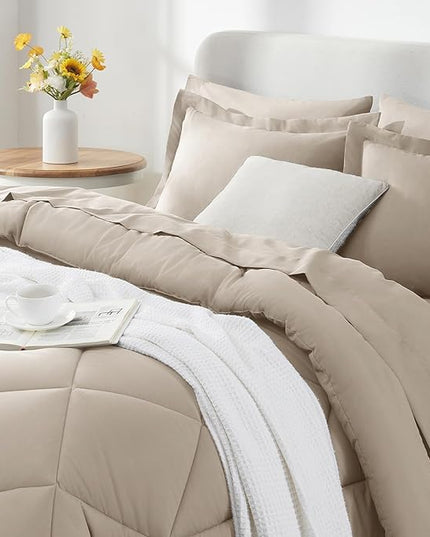 CozyLux Full Comforter Set with Sheets 7 Pieces Bed in a Bag Oatmeal All Season Bedding Sets with Comforter, Pillow Shams, Flat Sheet, Fitted Sheet and Pillowcases - LeafyLoom