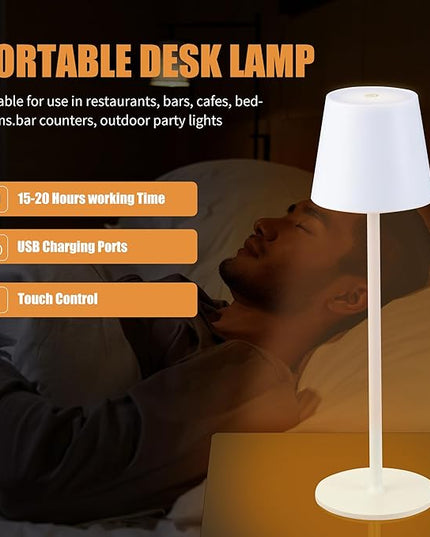 Cordless Table Lamps USB Rechargeable Simplicity Desk Lamp Built-in 4600 mAh Battery LED Battery Operated lamp with Touch Control Table lamp - Bedroom/Desk/Reading/Patio(White) - LeafyLoom