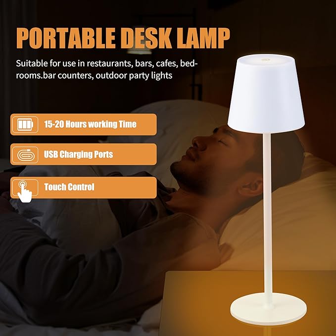 Cordless Table Lamps USB Rechargeable Simplicity Desk Lamp Built-in 4600 mAh Battery LED Battery Operated lamp with Touch Control Table lamp - Bedroom/Desk/Reading/Patio(White) - LeafyLoom