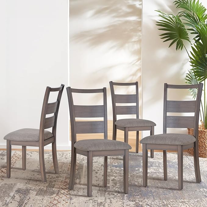 COLAMY Fabric Upholstered Dining Chairs Set of 4, Ladder High Back Dining Room Kitchen Side Chairs with Adjustable Foot Pegs, Light Brown - LeafyLoom