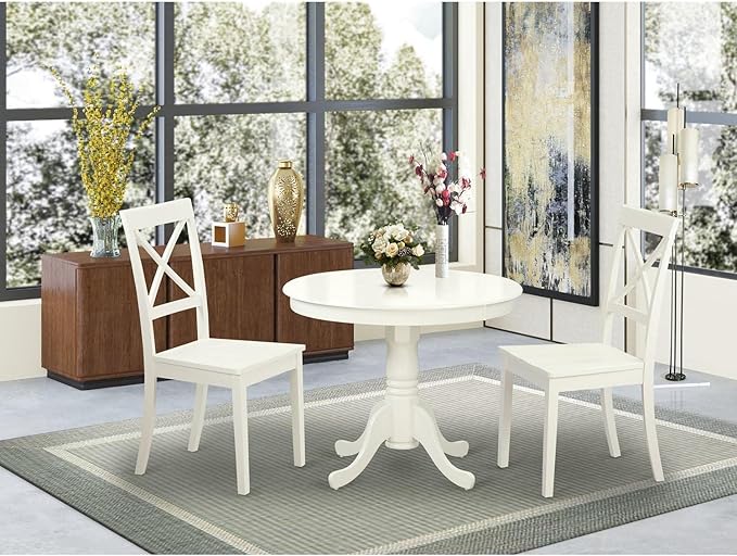 East West Furniture ANBO3-LWH-W Antique 3 Piece Kitchen Set Contains a Round Dining Room Table with Pedestal and 2 Solid Wood Seat Chairs, 36x36 Inch - LeafyLoom