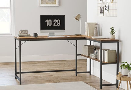 CubiCubi L Shaped Desk, 55.1 inch Corner Computer Desk with Storage Shelves, Home Office Desk with Bookshelf for Writing Gaming Study, Rustic Brown - LeafyLoom