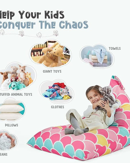 Nobildonna Stuffed Animal Storage Bean Bag for Kids (No Filler), Extra Large 250L Bean Bag Chair Cover Only, Washable Beanbag Without Filling Soft Premium Canvas Stuffable Bean Bag Cover (Mermaid) - LeafyLoom
