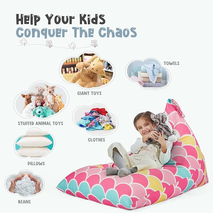 Nobildonna Stuffed Animal Storage Bean Bag for Kids (No Filler), Extra Large 250L Bean Bag Chair Cover Only, Washable Beanbag Without Filling Soft Premium Canvas Stuffable Bean Bag Cover (Mermaid) - LeafyLoom