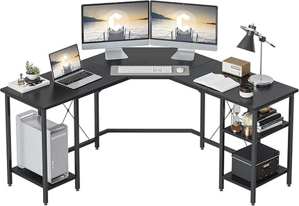 CubiCubi L Shaped Desk, 59.1 inch Computer Corner Desk with 2 Storage Shelves, Home Office Desk for Writing Gaming Study, Black - LeafyLoom