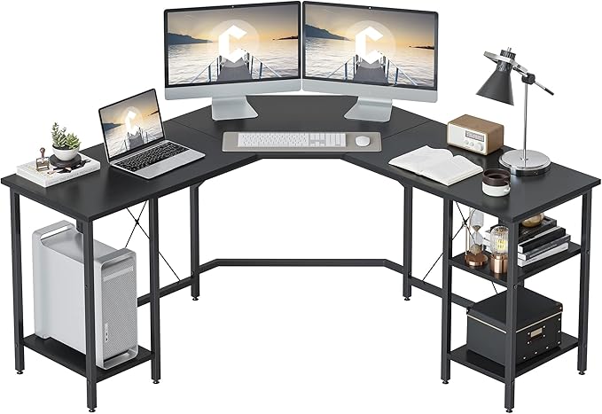 CubiCubi L Shaped Desk, 59.1 inch Computer Corner Desk with 2 Storage Shelves, Home Office Desk for Writing Gaming Study, Black - LeafyLoom