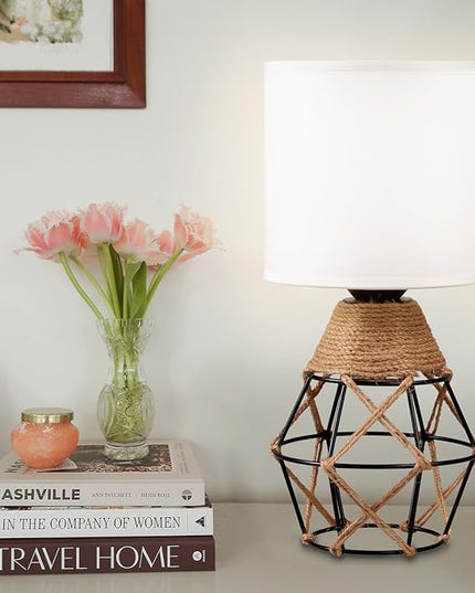 Hamilyeah Table Lamps Set of 2, Woven Lamps for Nightstand with On/Off Switch, Farmhouse Bedside Lamps with White Fabric Shade, Modern Simple Lamps for Bedroom, Living Room - LeafyLoom