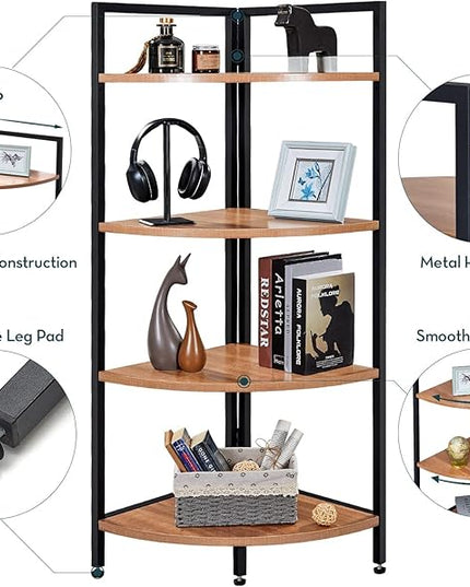 SAYGOER Corner Bookshelf 4 Tier Stand Storage Shelf Modern Black Bookcase Ladder Standing Shelves Display Rack Plant Stand for Small Spaces, Bedroom, Living Room,Walnut Oak - LeafyLoom