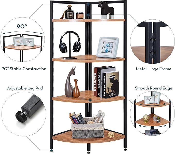 SAYGOER Corner Bookshelf 4 Tier Stand Storage Shelf Modern Black Bookcase Ladder Standing Shelves Display Rack Plant Stand for Small Spaces, Bedroom, Living Room,Walnut Oak - LeafyLoom