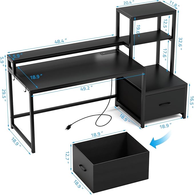 GreenForest Computer Desk with Drawer and Printer Shelf, 68.8 inch Gaming Desk with LED Lights and Power Outlets, Home Office Desk with Storage for Study Writing Working,Black - LeafyLoom