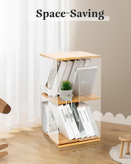 MYOYAY 360°Rotating Bookshelf 2 Tier Small Bookshelf with Doors Acrylic Bookshelf Spinning Modern Bookshelf Display Bookcase Rotating Storage Rack for Collectibles, Office, Bedroom or Living Room - LeafyLoom