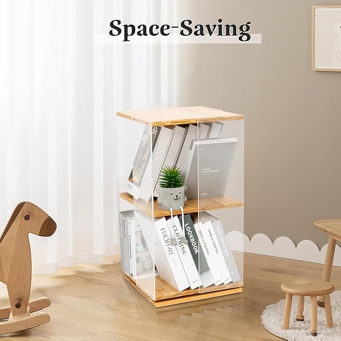 MYOYAY 360°Rotating Bookshelf 2 Tier Small Bookshelf with Doors Acrylic Bookshelf Spinning Modern Bookshelf Display Bookcase Rotating Storage Rack for Collectibles, Office, Bedroom or Living Room - LeafyLoom