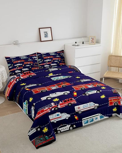 Fire Truck Bedding Bed Set Police Car Comforter Set for Kids Boys Girls Teens Youth Decor Engine Ambulance Cute Comforter Emergency Vehicle Blue Soft Quilt Set Room 3Pcs King Size - LeafyLoom