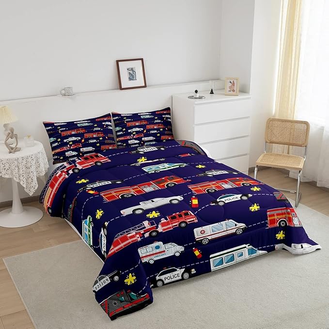 Fire Truck Bedding Bed Set Police Car Comforter Set for Kids Boys Girls Teens Youth Decor Engine Ambulance Cute Comforter Emergency Vehicle Blue Soft Quilt Set Room 3Pcs King Size - LeafyLoom