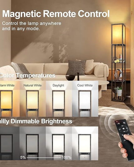 OUTON Floor Lamp with Shelves, Dimmable Shelf Floor Lamp with 1 USB & 1 Type C Ports, 1 Power Outlet, Modern Standing Lamp with 4 Color Temperature for Living Room, Bedroom, Dark Grey - LeafyLoom