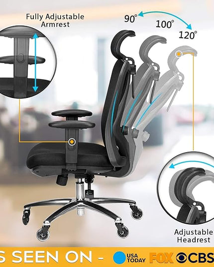 Duramont Ergonomic Office Chair - Adjustable Desk Chair with Lumbar Support and Rollerblade Wheels - High Back Chairs with Breathable Mesh - Thick Seat Cushion, Head, and Arm Rests - Reclines - LeafyLoom