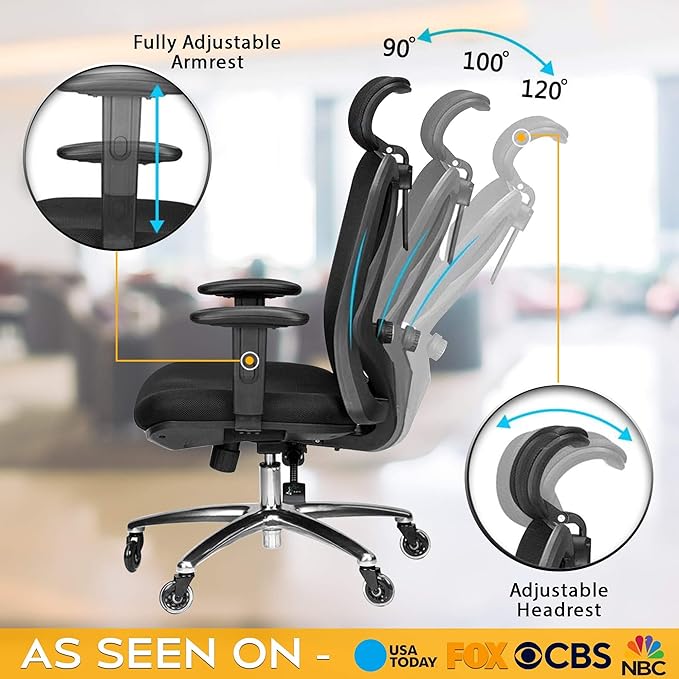 Duramont Ergonomic Office Chair - Adjustable Desk Chair with Lumbar Support and Rollerblade Wheels - High Back Chairs with Breathable Mesh - Thick Seat Cushion, Head, and Arm Rests - Reclines - LeafyLoom