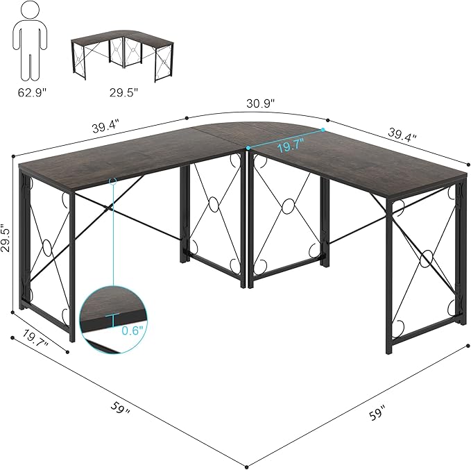 VECELO 59"x59" L Shaped Desk for Computer Gaming Multi-Usage Long 2 Person Table for Home Office Sturdy Writing Workstation, Easy Assembly/Saving Space, Oak Gray - LeafyLoom