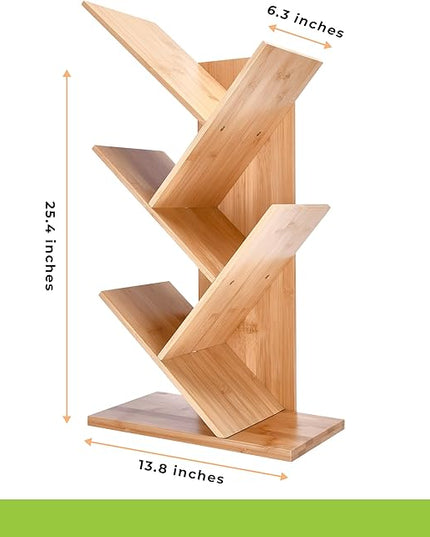 Prosumers Choice Wooden Bookshelf Storage Rack 25.4 x13.8 x 6.3in - 4Tier Bamboo Shelf to Maximize Vertical Space - Cool Tree Bookshelf - Unique Bookshelves - Vinyl organizer, Plants, and Decorations - LeafyLoom